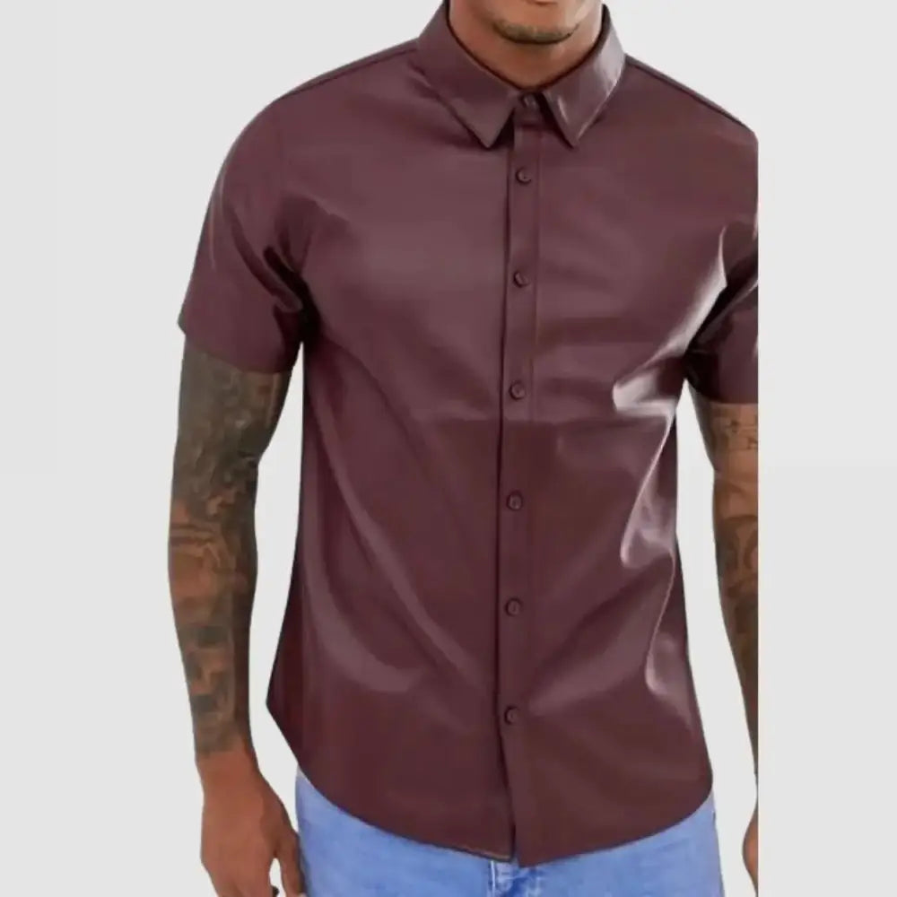 Burgundy Leather Short Sleeve Shirt for Men - Riders Republic UK