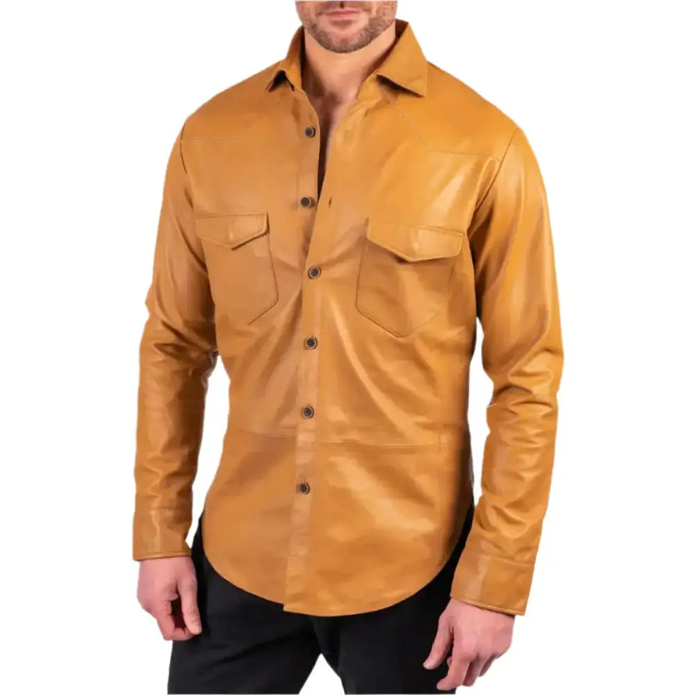 Tan Brown Lambskin Leather Shirt - Riders Republic UK
