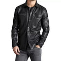 Men’s black real sheepskin leather shirt with snap button closure