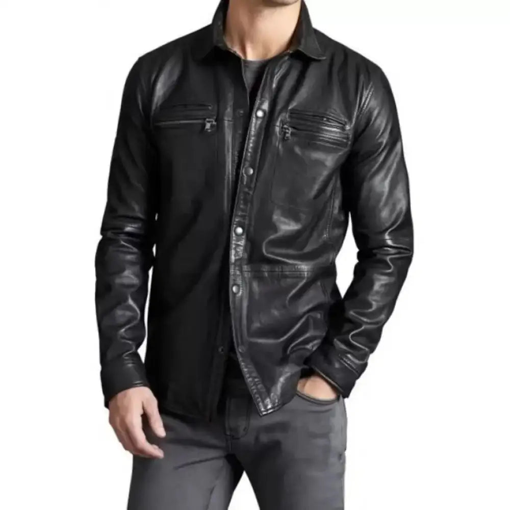 Men’s black real sheepskin leather shirt with snap button closure