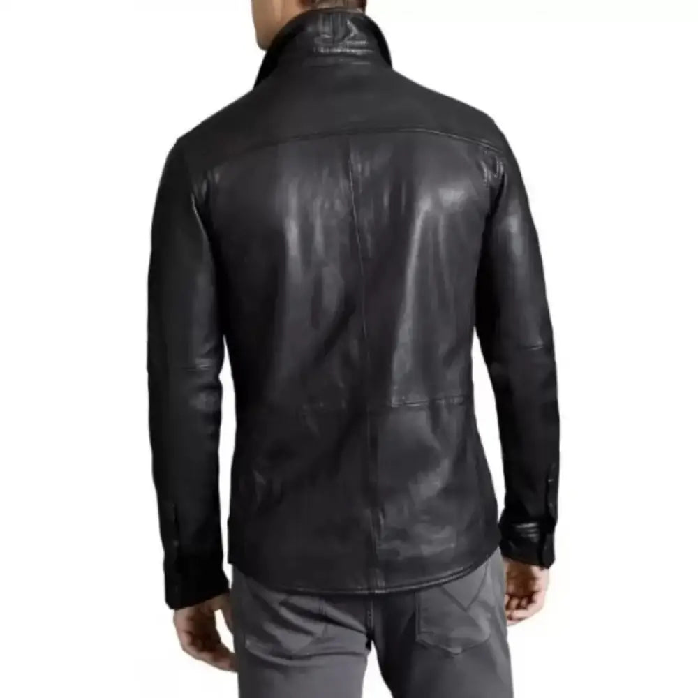 Men’s genuine sheepskin leather shirt with satin lining and smooth black finish