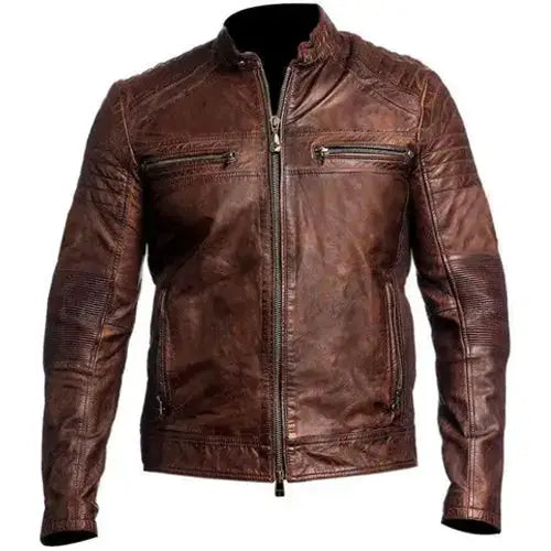 Mens Vintage Brown Leather Cafe Racer Jacket - Riders Republic UK