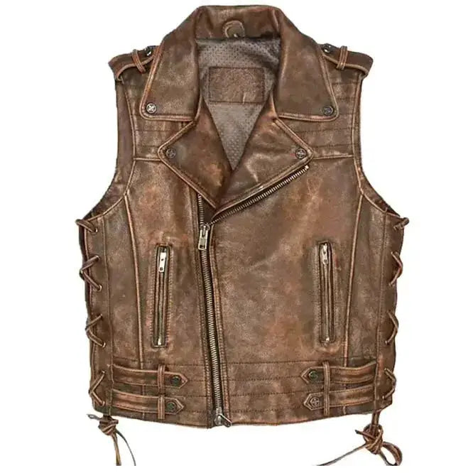 Mens Vintage Brown Leather Vest - Riders Republic UK