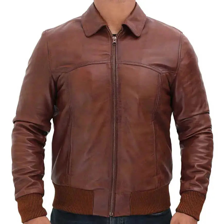 Mens Vintage Brown Leather Bomber Jacket - Riders Republic UK