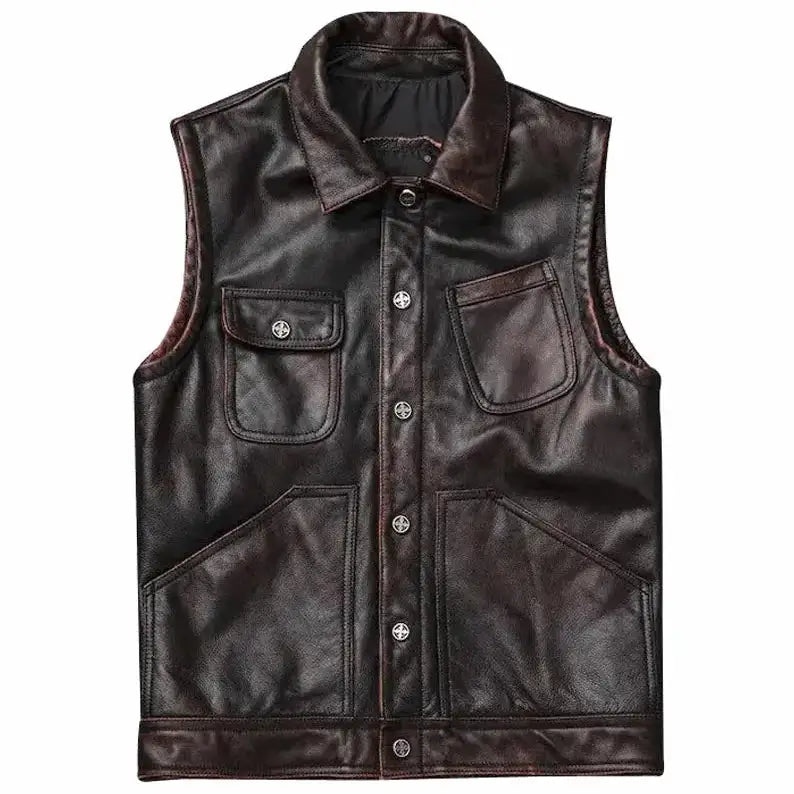 Brown Waxy Antique Leather Vest - Riders Republic UK
