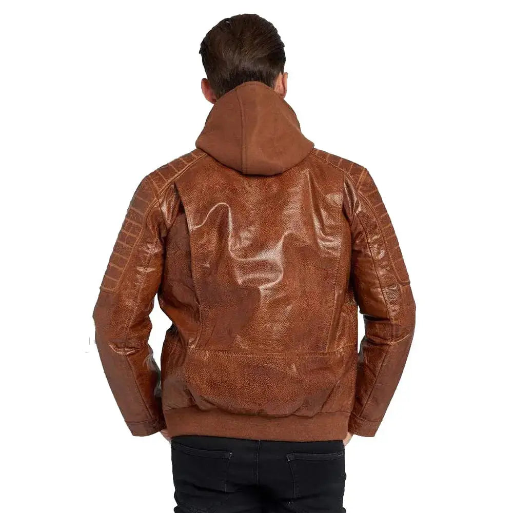 Men’s hooded leather jacket in waxed brown finish with modern everyday streetwear design.