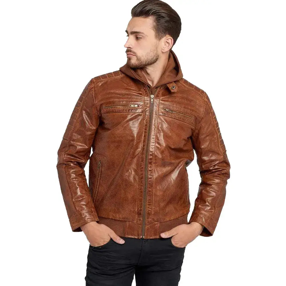 Brown leather jacket for men with hood, zip front, shoulder stitching and casual biker style.