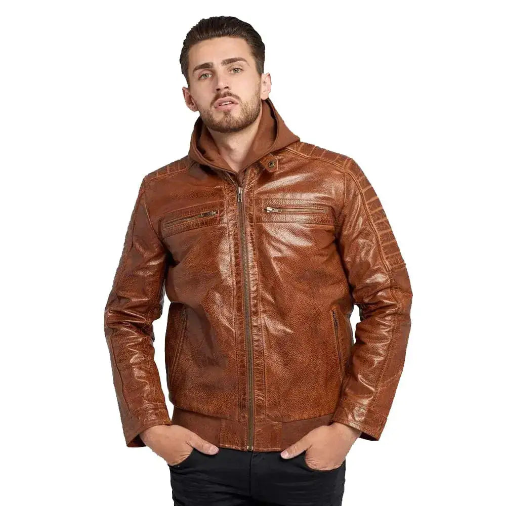 Men’s waxed brown hooded leather jacket with front zip closure and chest pocket detail.