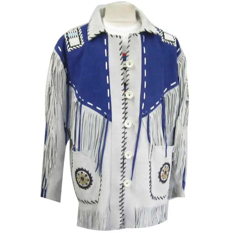 Mens White and Blue Suede Western Jacket - Riders Republic UK