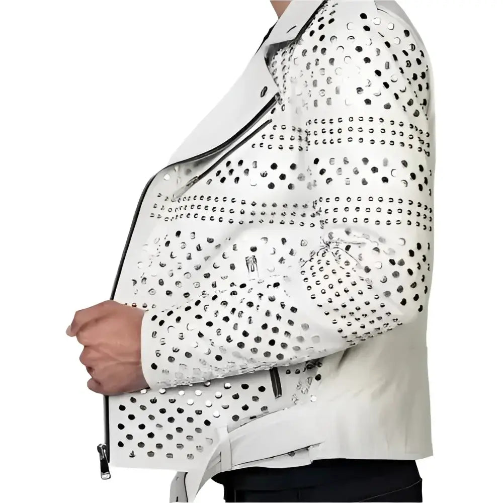 Men’s White Studded Leather Motorcycle Jacket - Riders Republic UK
