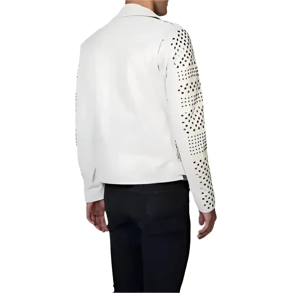 Men’s white biker leather jacket with metal studs and zip closure