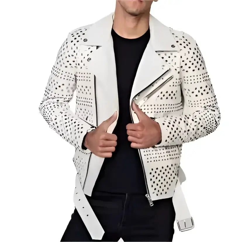 Men’s white studded motorcycle leather jacket in genuine cowhide