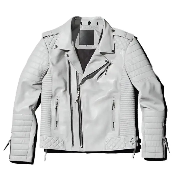 Men White Pearl Leather Biker Jacket - Riders Republic UK