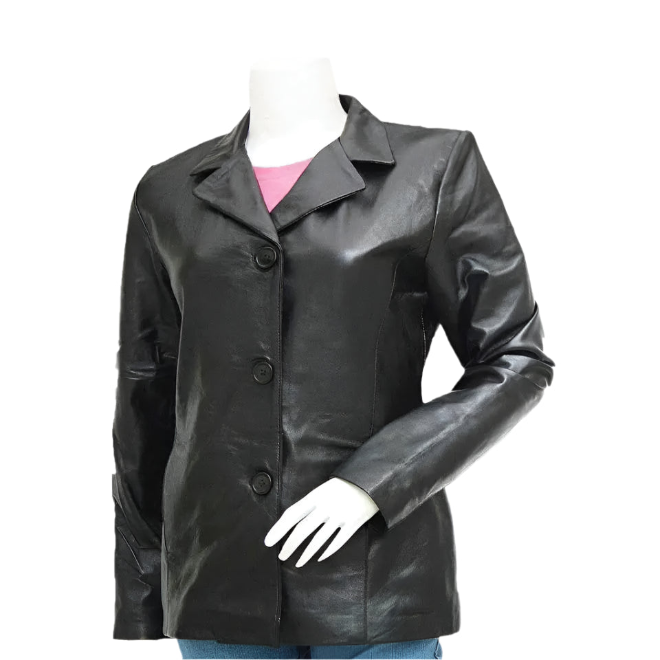 Womens Black Leather Three Button Blazer - Riders Republic UK