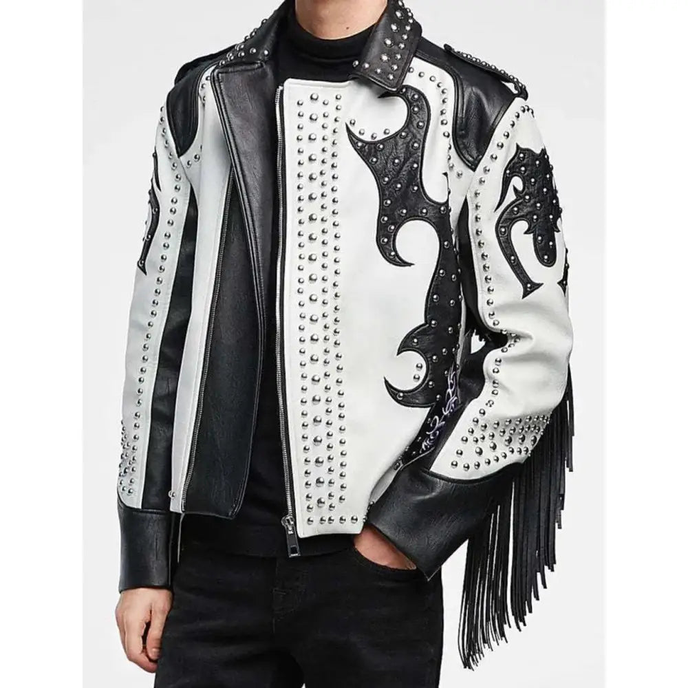 Mens Black and White Studded Cowboy Leather Jacket - Riders Republic UK