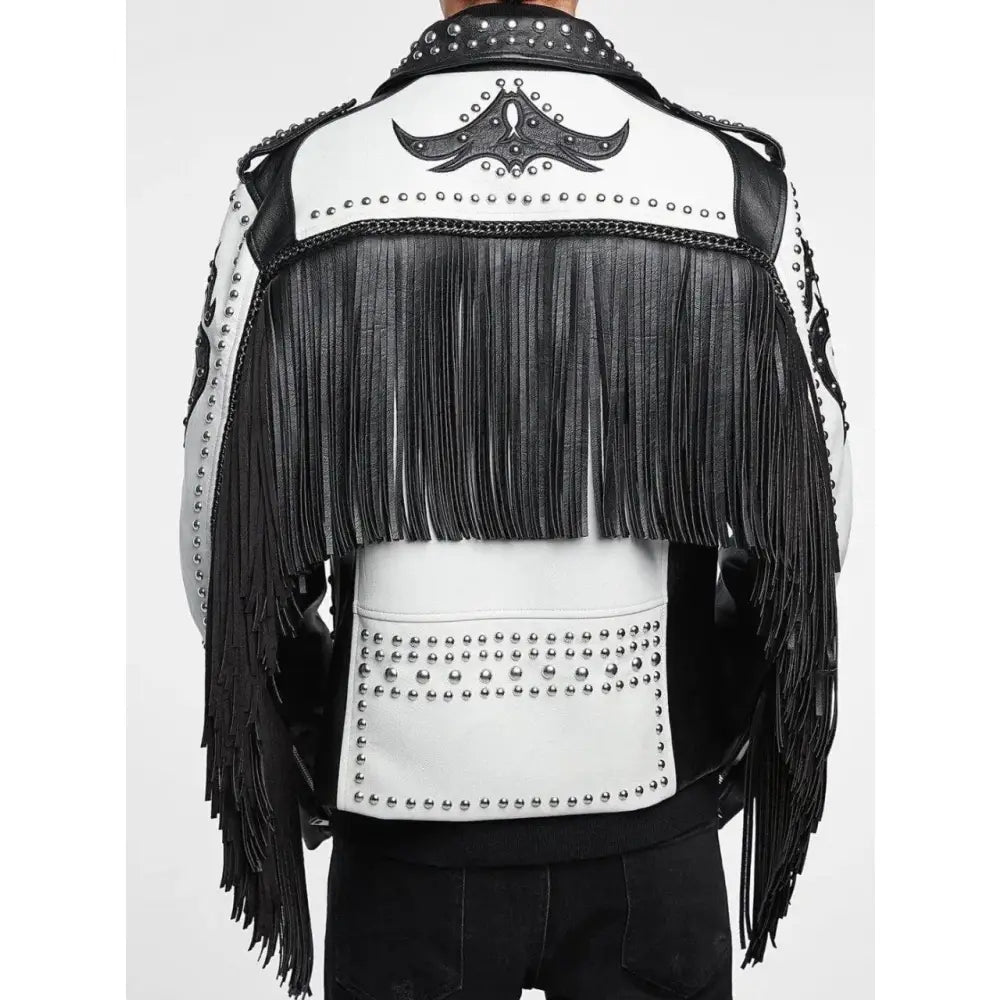 Mens Black and White Studded Cowboy Leather Jacket - Riders Republic UK