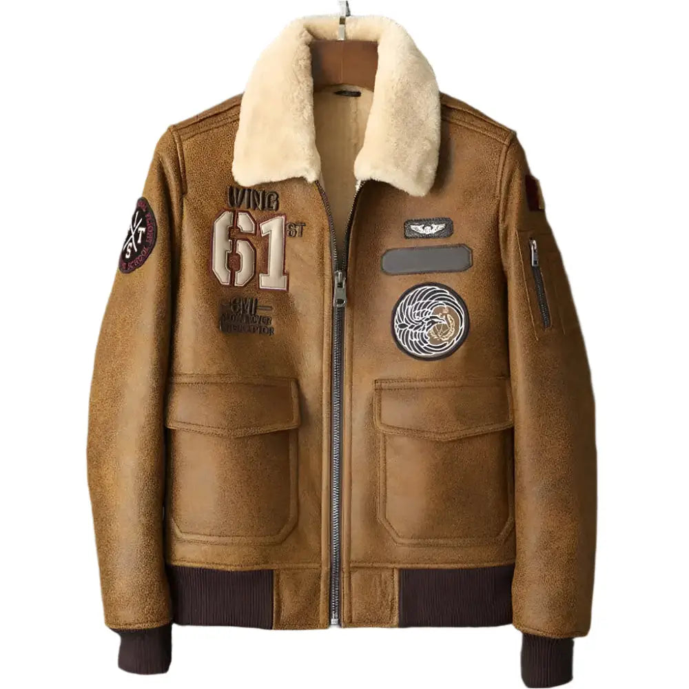 Mens Brown Embroidered Sheepskin Shearling Jacket - Riders Republic UK