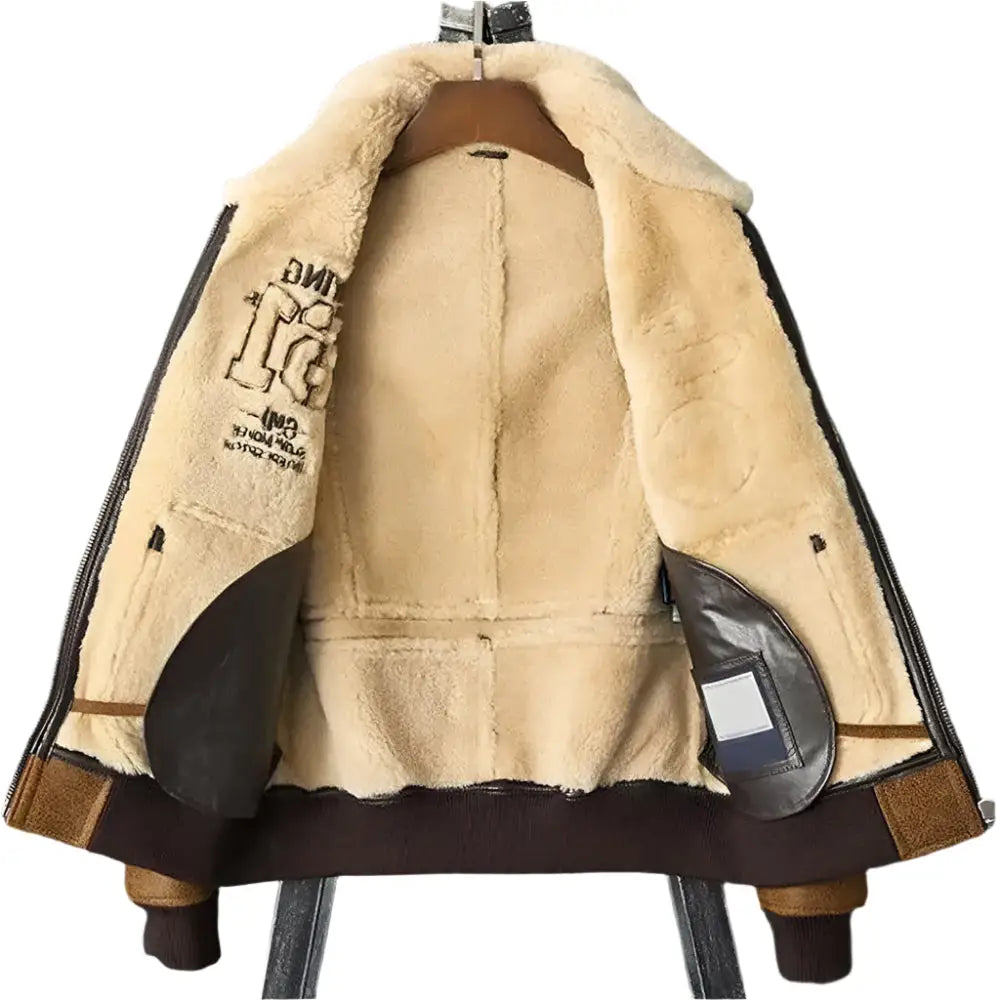 Mens Brown Embroidered Sheepskin Shearling Jacket - Riders Republic UK