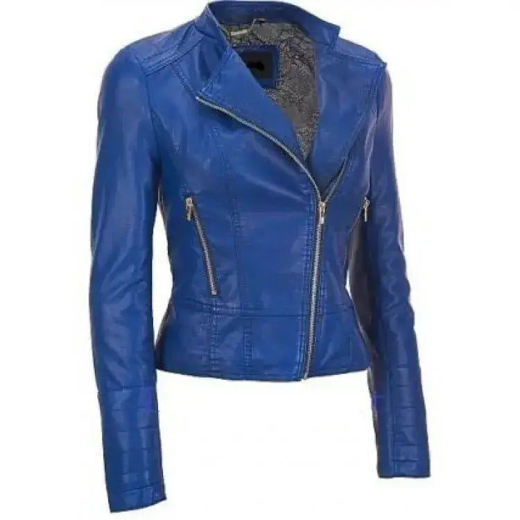 Womens Blue Leather Biker Jacket - Riders Republic UK