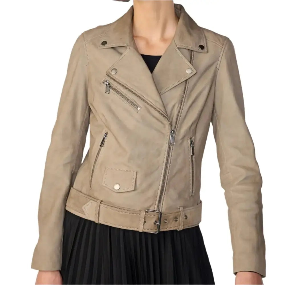 Tan Beige Suede Biker Jacket for Women - Riders Republic UK