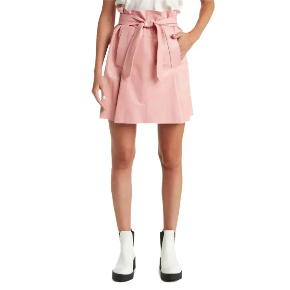 Pastel Pink Belted Mini Leather Skirt - Riders Republic UK