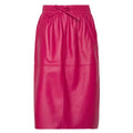 Women’s pink midi leather skirt with smooth leather finish and elegant statement style.