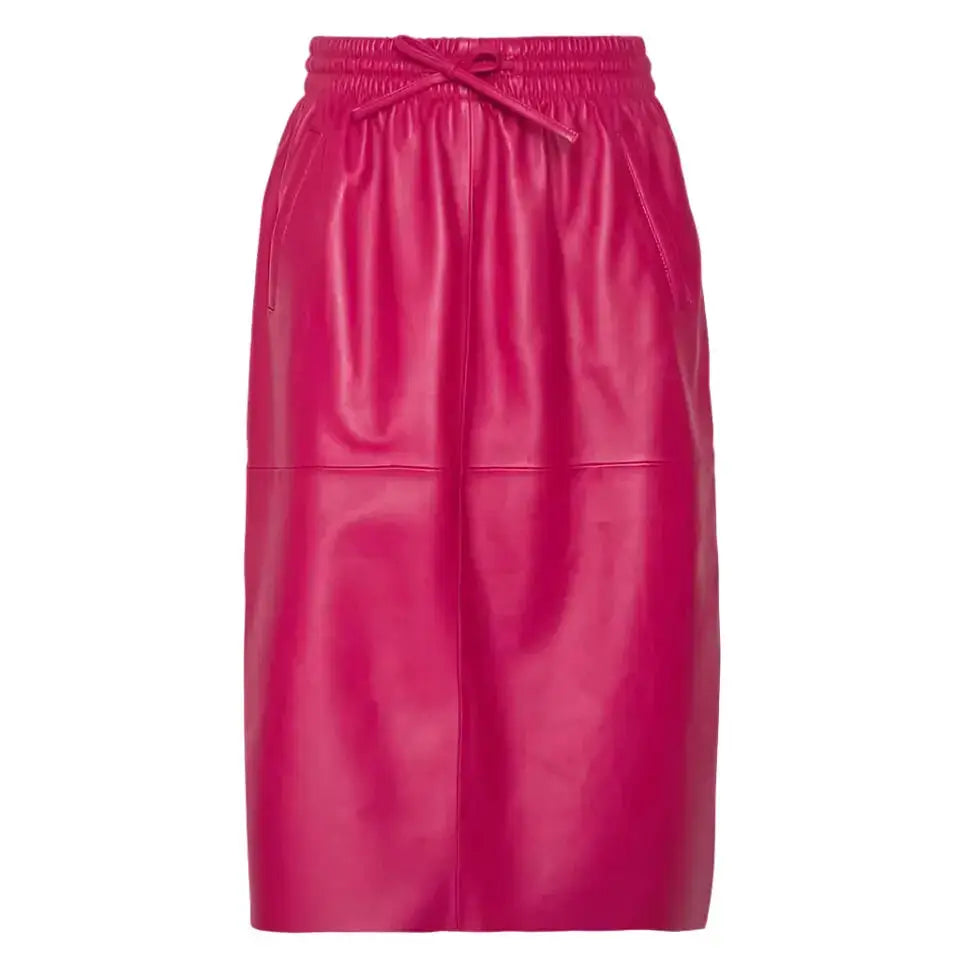 Women’s pink midi leather skirt with smooth leather finish and elegant statement style.