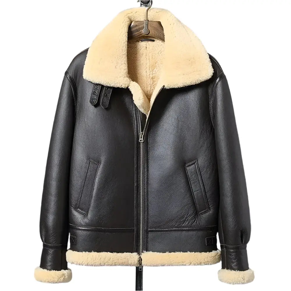 Kurze schwarze B-3 Lederjacke für Herren mit warmem Shearling-inspiriertem Innenbereich