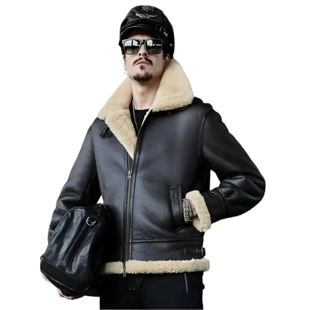 Schwarze B-3 Flight Shearling Jacke für Herren mit kurzer Wintermantel-Form