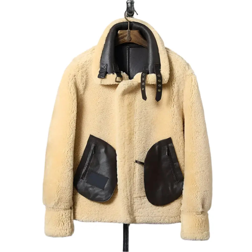 Schwarze Shearling Fliegerjacke für Herren mit Aviator-Kragen und B-3 Bomberform