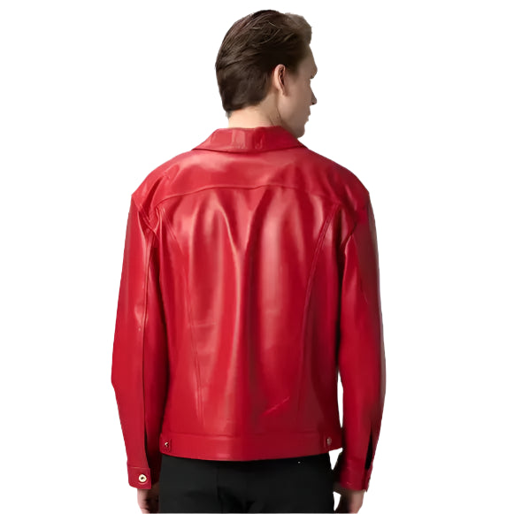 Red leather trucker jacket for men with classic shirt collar and bold vintage casual style