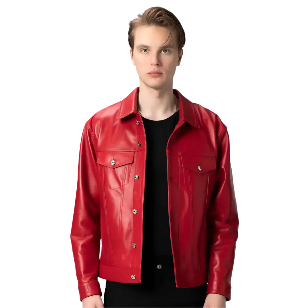 Men’s red lambskin leather trucker jacket with button front, collar and functional pockets