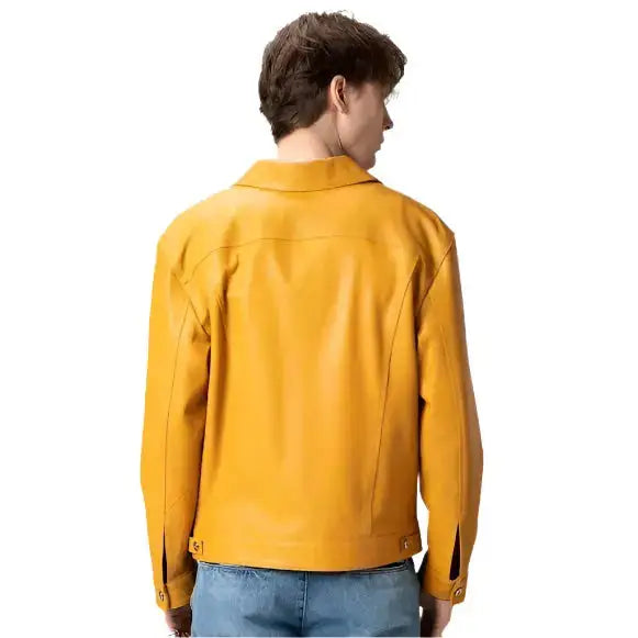 Mens Premium Yellow Leather Trucker Jacket - Riders Republic UK