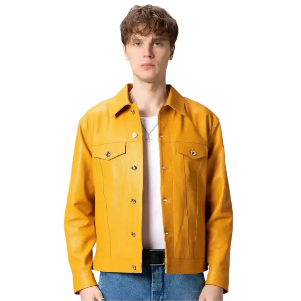 Mens Premium Yellow Leather Trucker Jacket - Riders Republic UK
