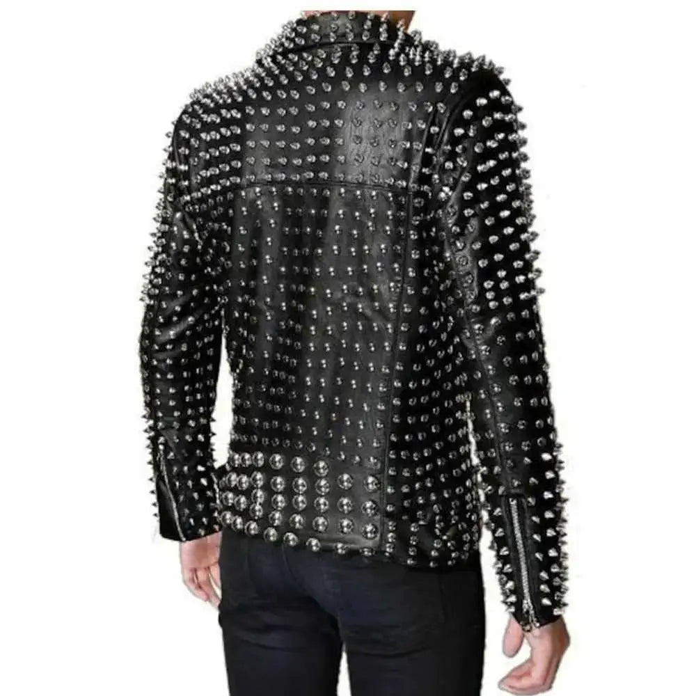 Mens Silver Studded Brando Leather Jacket - Riders Republic UK
