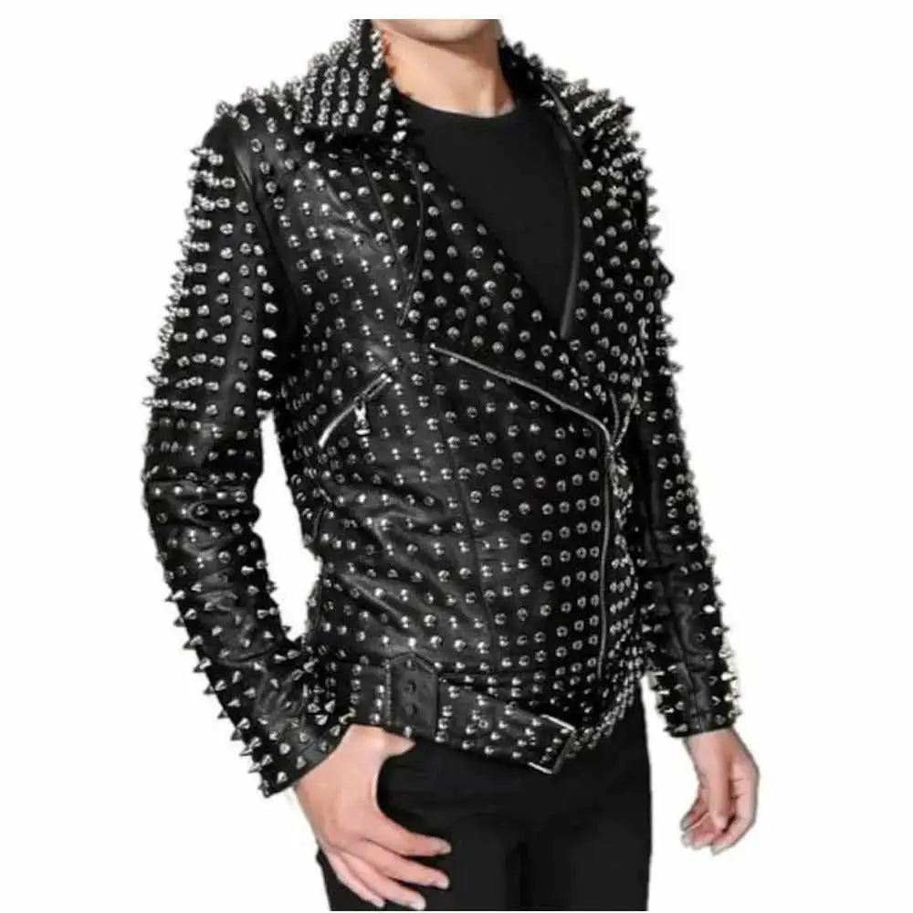 Mens Silver Studded Brando Leather Jacket - Riders Republic UK