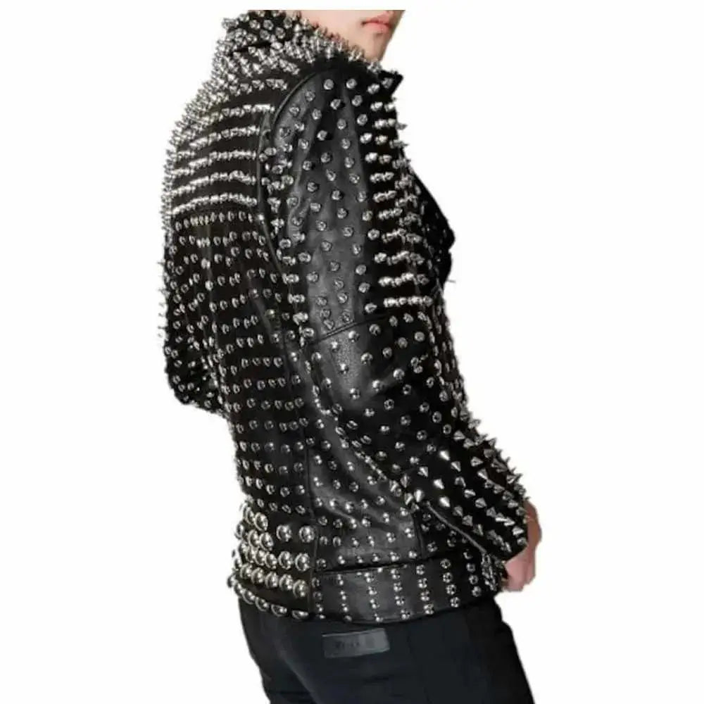Mens Silver Studded Brando Leather Jacket - Riders Republic UK