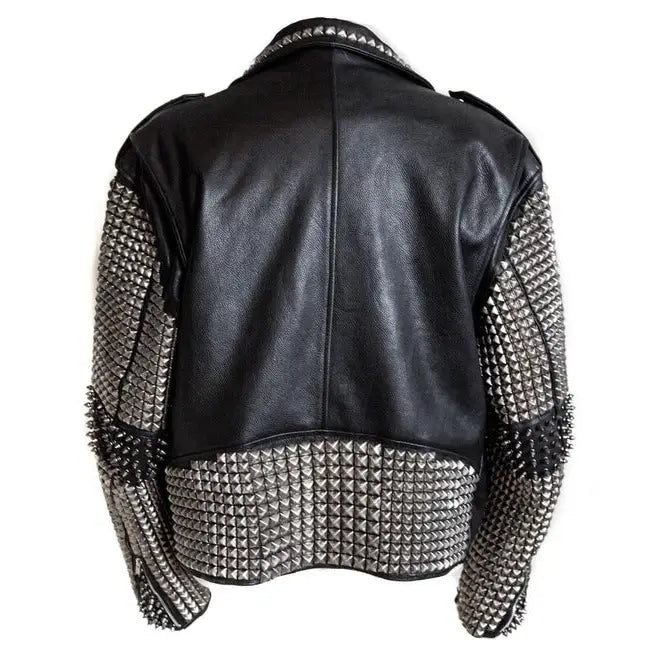 Men’s studded leather jacket in red with zip closure and biker style