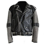Black punk studded leather jacket for men with rock inspired details