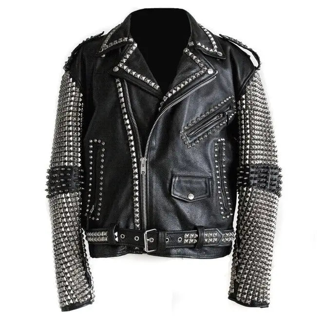 Black punk studded leather jacket for men with rock inspired details