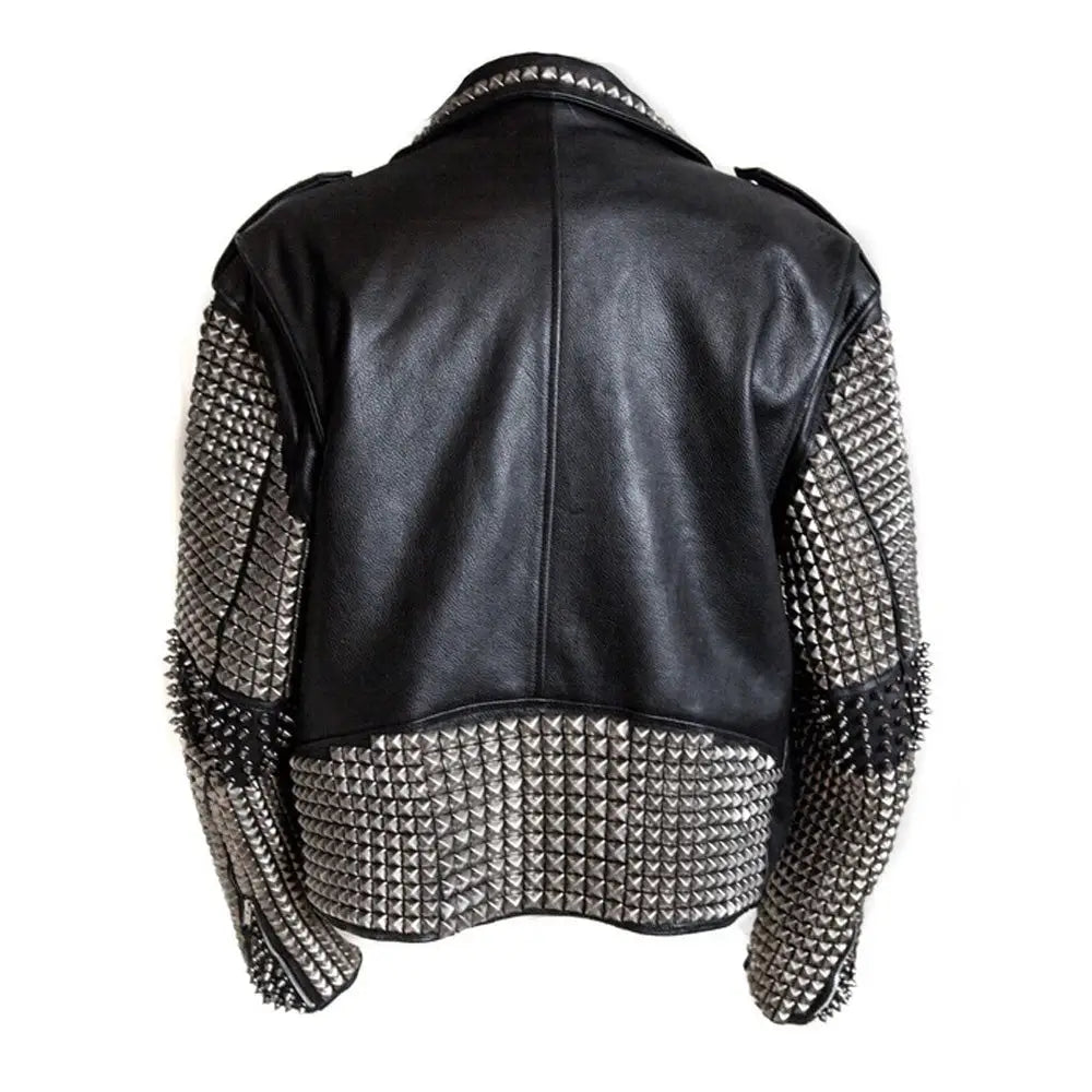 Rock emo biker leather jacket for men with hand added studs