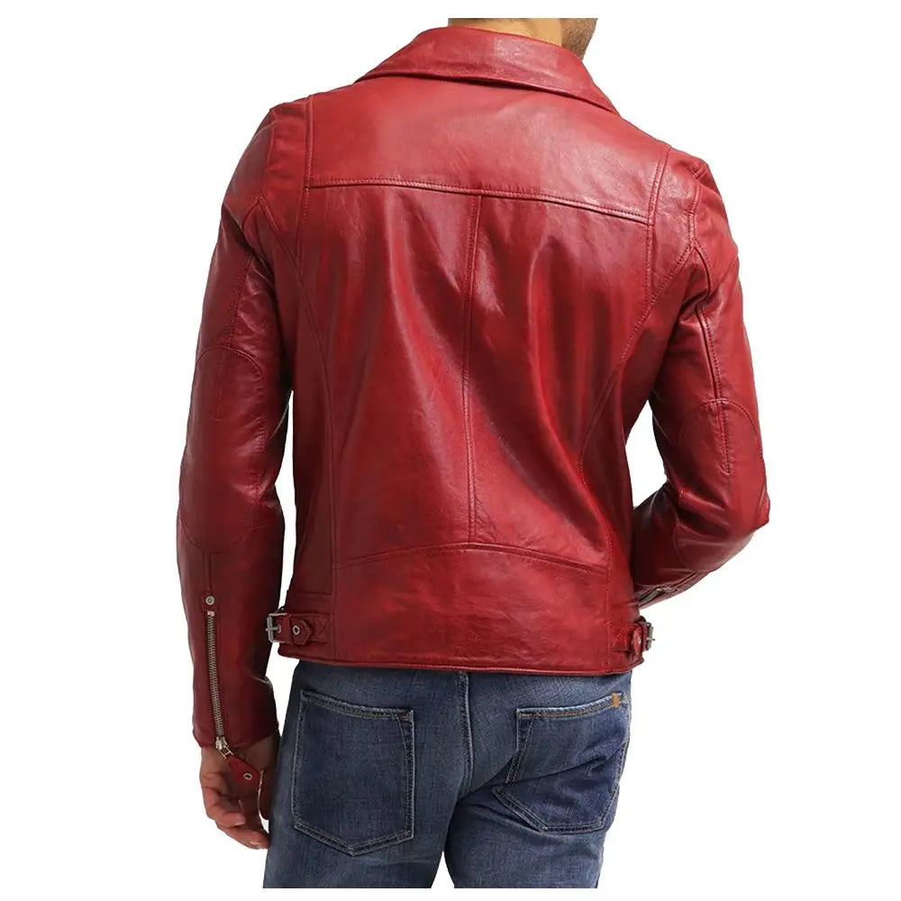 Mens Red Lambskin Leather Biker Jacket - Riders Republic UK