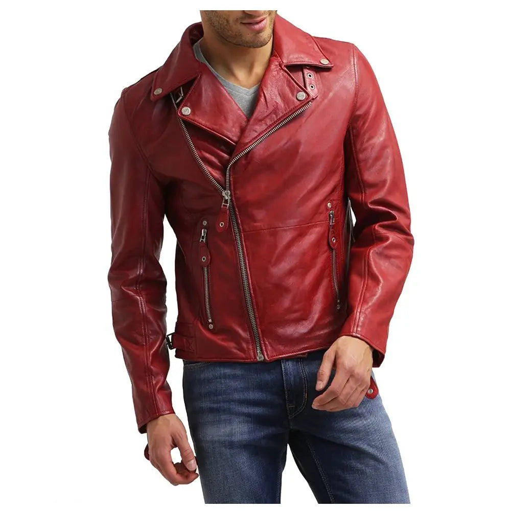 Mens Red Lambskin Leather Biker Jacket - Riders Republic UK