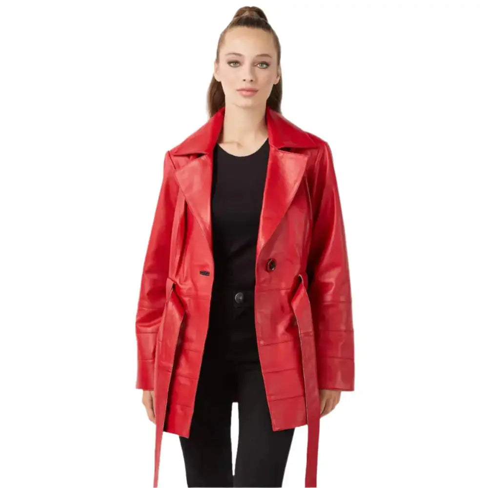 Red Leather Trench Coat for Women - Riders Republic UK