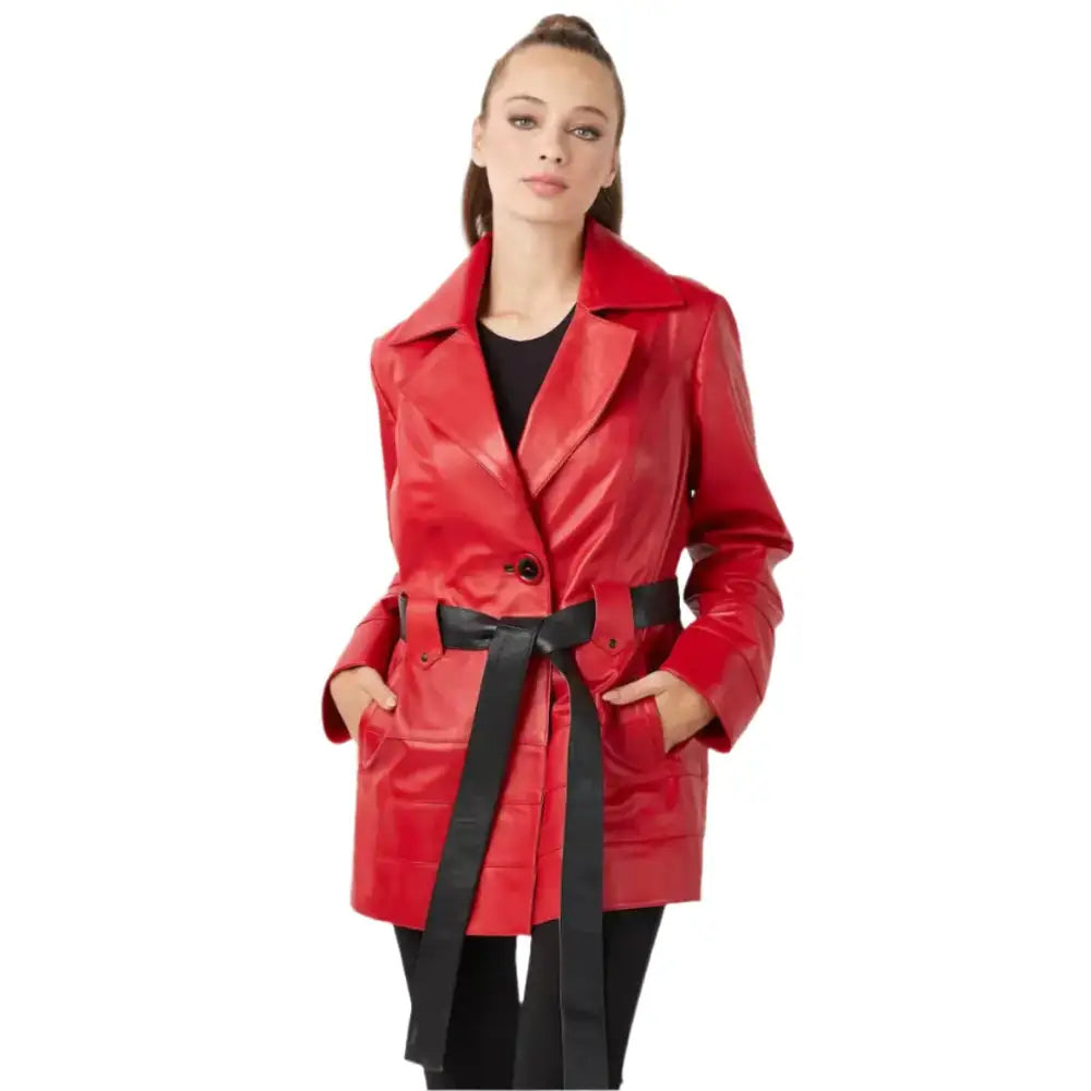 Red Leather Trench Coat for Women - Riders Republic UK