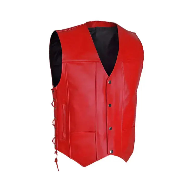 Red Cowhide Leather Motorcycle Vest - Riders Republic UK