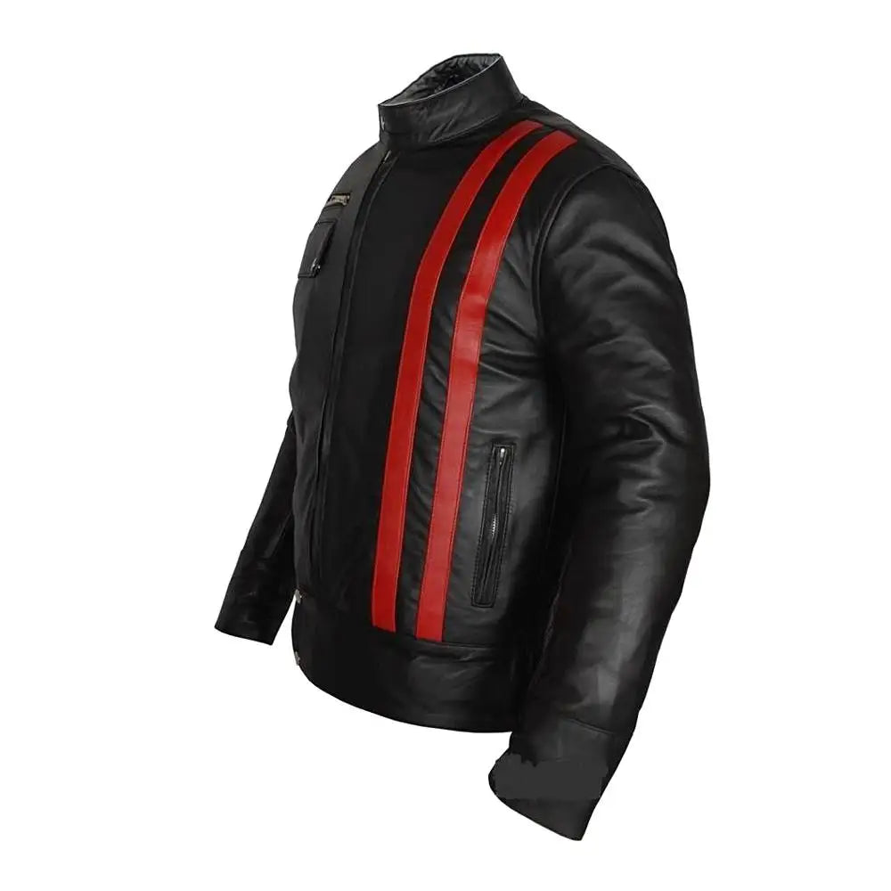 Black Leather Biker Jacket with Red Stripes - Riders Republic UK