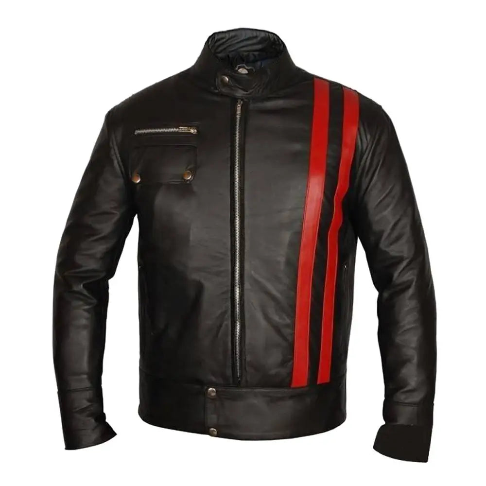 Black Leather Biker Jacket with Red Stripes - Riders Republic UK