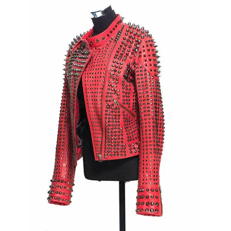 Red Studded Leather Jacket for Women - Riders Republic UK