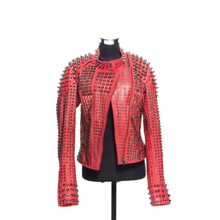 Red Studded Leather Jacket for Women - Riders Republic UK